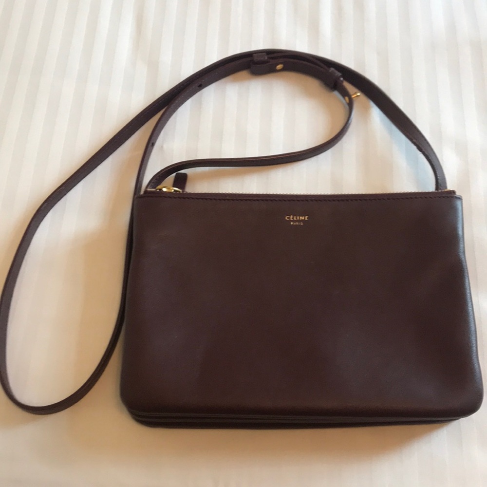 Small Burgundy lambskin Celine Trio Bag